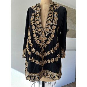 Tory Burch Black and Gold Embroidered Top